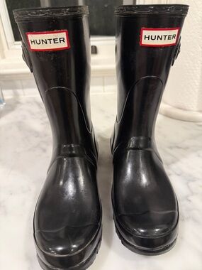 Hunter Glossy Black Short Rain Boots with Logo